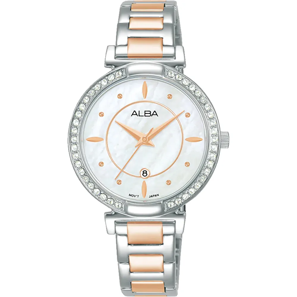 【ALBA】雅柏 珍珠貝晶鑽女錶-玫瑰金x銀/31mm 母親節 送禮 禮物(AH7BE9X1/VJ22-X389KS)