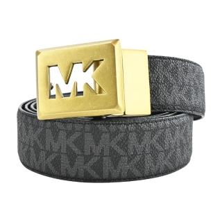 【Michael Kors】金釦鏤空LOGO滿版PVC雙面皮帶(黑)