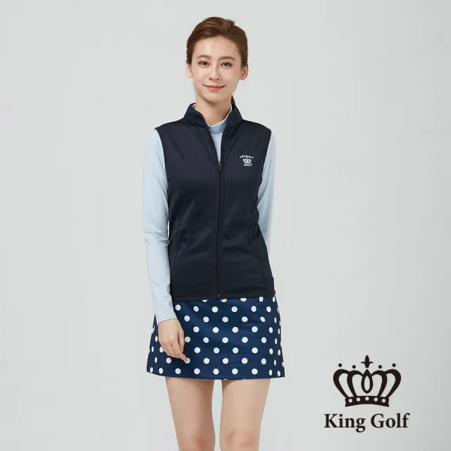 【KING GOLF】速達-女款LOGO刺繡愛心字母印圖中厚款刷毛背心外套(丈青)