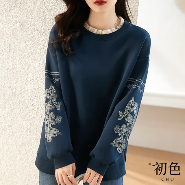 【初色】蕾絲圓領圖騰刺繡中大尺碼T恤上衣女上衣-藏青色-64268(M-2XL可選)（其他規格）