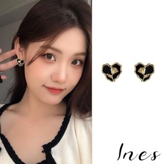 【INES】S925銀針耳釘 愛心耳釘 玫瑰耳釘/韓國設計S925銀針復古彩釉愛心玫瑰造型耳釘(2色任選)