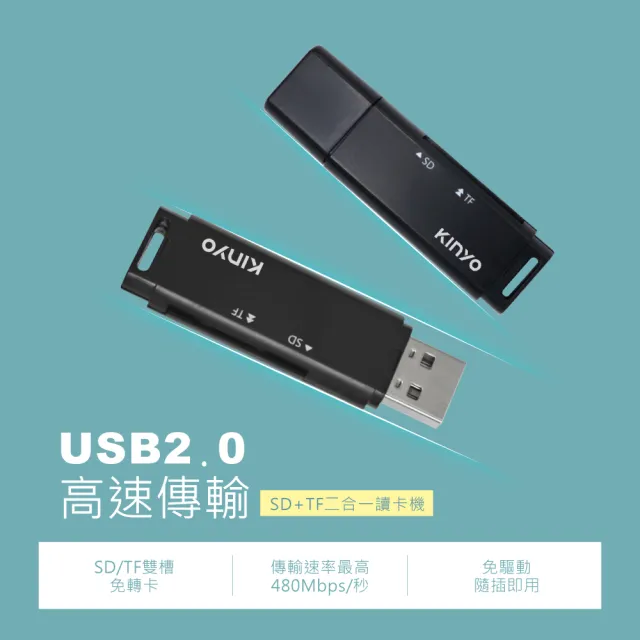 【KINYO】USB2.0 SD/TF記憶卡機迷你雙槽讀卡機(相機/行車紀錄器/手機 KCR-218)