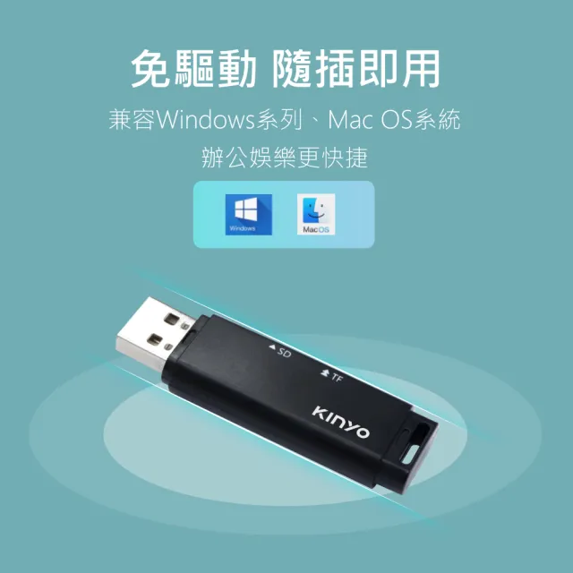 【KINYO】USB2.0 SD/TF記憶卡機迷你雙槽讀卡機(相機/行車紀錄器/手機 KCR-218)