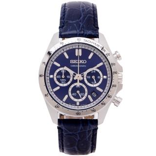 【SEIKO 精工】日本國內販售款三眼計時皮革錶帶手錶--藍面X藍色/40mm(SBTR019)
