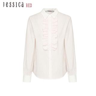 【Jessica Red】清新雅緻木耳邊氣質條紋棉質襯衫824139（粉）