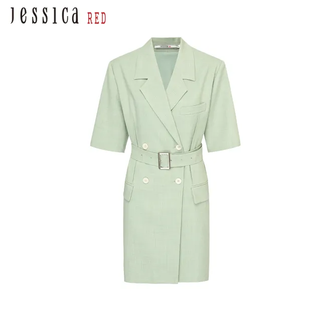 【Jessica Red】時尚個性雙排扣短袖西裝洋裝82417P（綠）