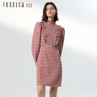 【Jessica Red】復古優雅格紋木耳邊長袖洋裝82417H（橘紅）