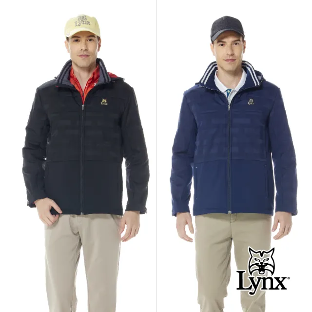 【Lynx Golf】男款防風防潑水鋪棉保暖緹織配布剪裁後背印花設計長袖可拆式連帽外套(二色)