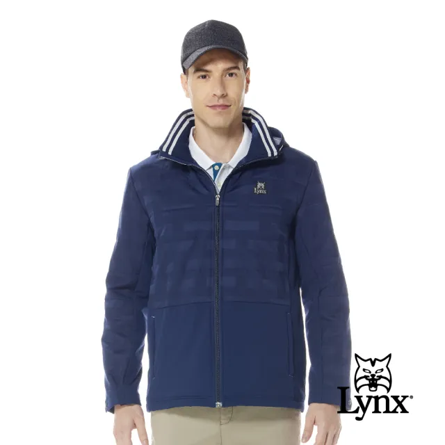 【Lynx Golf】男款防風防潑水鋪棉保暖緹織配布剪裁後背印花設計長袖可拆式連帽外套(二色)