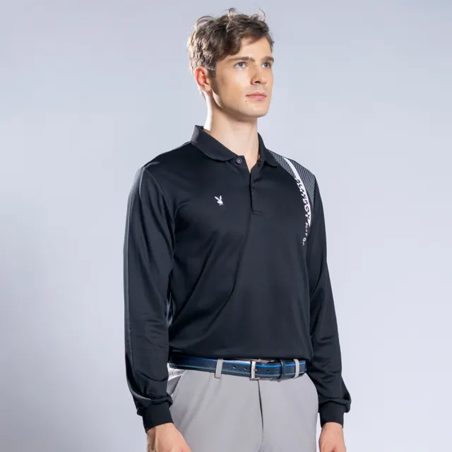 【PLAYBOY GOLF】男款左肩LOGO休閒薄長袖POLO衫-黑(吸濕排汗/抗UV/高爾夫球衫/AA22213-88)