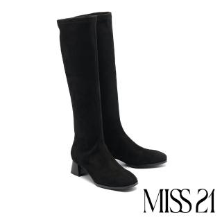 【MISS 21】內斂時髦感彈力絨布方頭高跟長靴(黑)