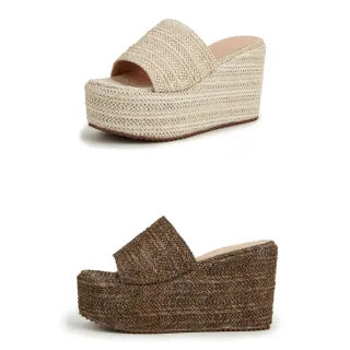 【Sp house】俏皮路線編織藤草魚嘴厚底坡跟涼鞋(2色可選)