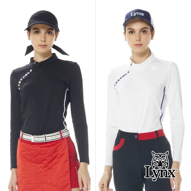 【Lynx Golf】首爾高桿風格！女款吸排抗UV內刷毛配色壓條斜開門襟印花設計長袖立領POLO衫(二色)