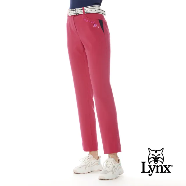 【Lynx Golf】女款日本進口布料彈性舒適LOGO鬆緊帶設計口袋配布剪接造型窄管長褲(二色)