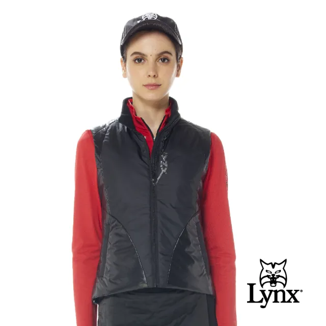 【Lynx Golf】首爾高桿風格！女款保暖舒適異材質剪接設計門襟印花造型拉鍊口袋無袖背心(二色)