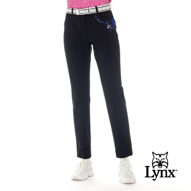 Lynx Golf 女款日本進口布料彈性舒適LOGO鬆緊帶設計口袋配布剪接造型窄管長褲(黑色)