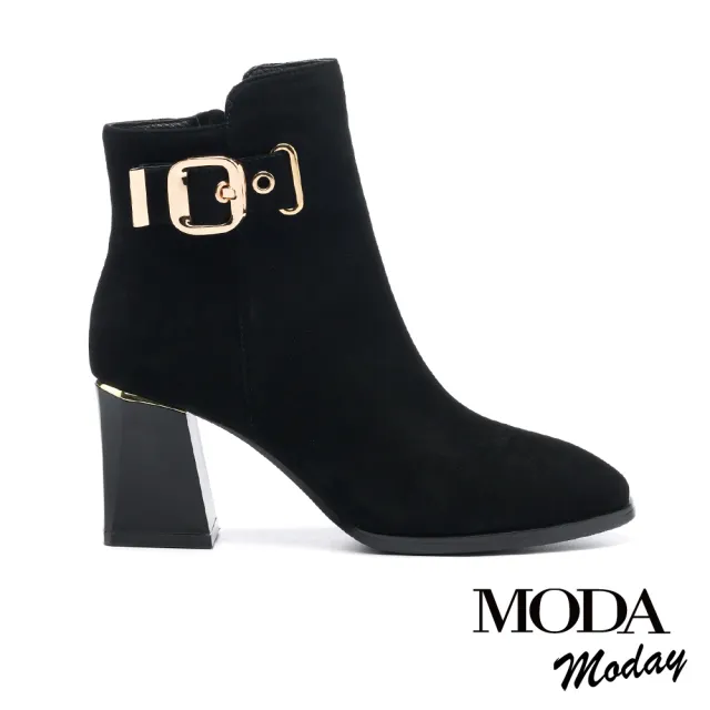 【MODA Moday】時尚品味金屬方釦帶羊麂皮高跟短靴(黑)