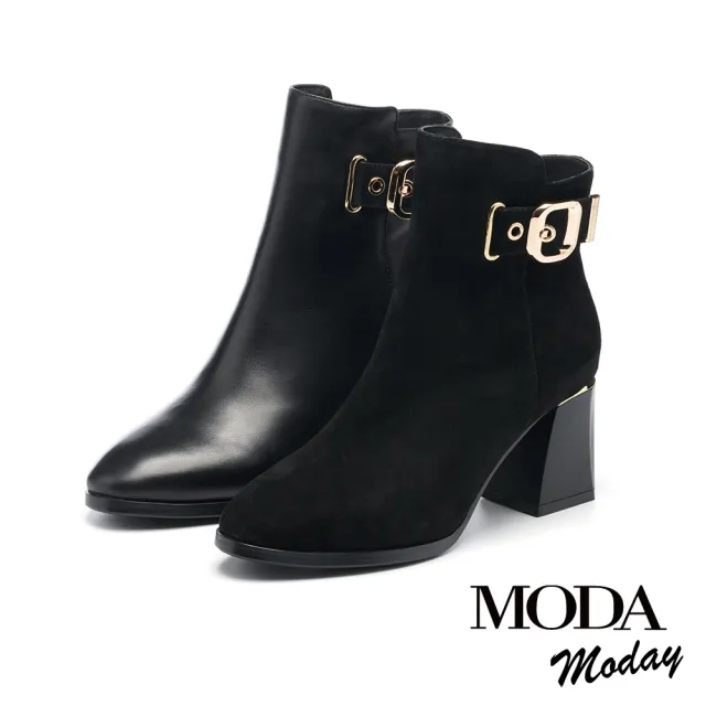 【MODA Moday】時尚品味金屬方釦帶羊麂皮高跟短靴(黑)