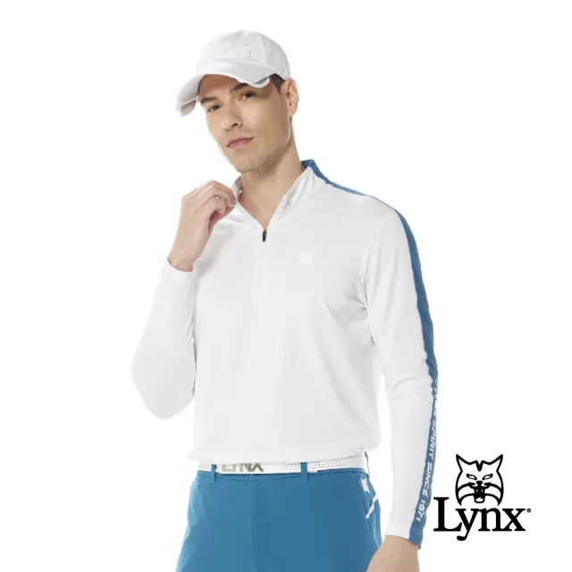 【Lynx Golf】首爾高桿風格！男款合身版吸溼排汗抗UV左肩造型配布剪接長袖立領POLO衫(二色)