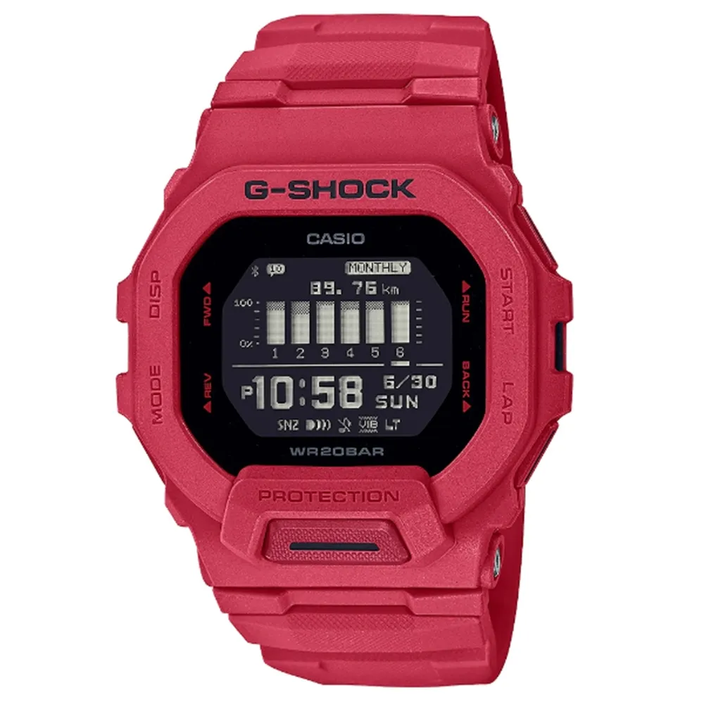 【CASIO 卡西歐】G-SHOCK 數位運動GBD-200經典方型男錶 GBD-200RD-4 顯眼紅