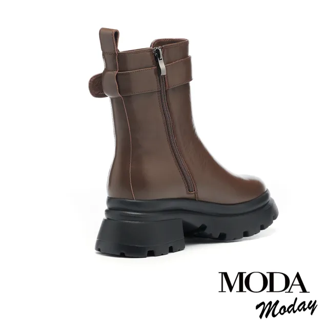 【MODA Moday】率性復古方釦帶牛皮切爾西厚底短靴(咖)