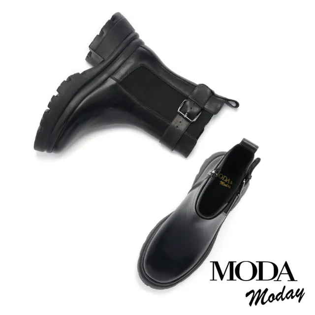 【MODA Moday】率性復古方釦帶牛皮切爾西厚底短靴(黑)