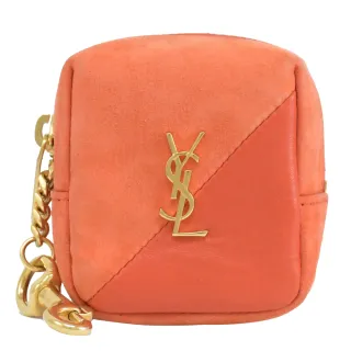 【YSL】金屬LOGO絨布皮革紋拼接鑰匙圈吊飾方包零錢包(橘)