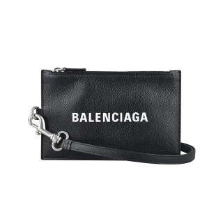 【Balenciaga 巴黎世家】經典標誌白字LOGO牛皮手拿證件零錢包(黑)