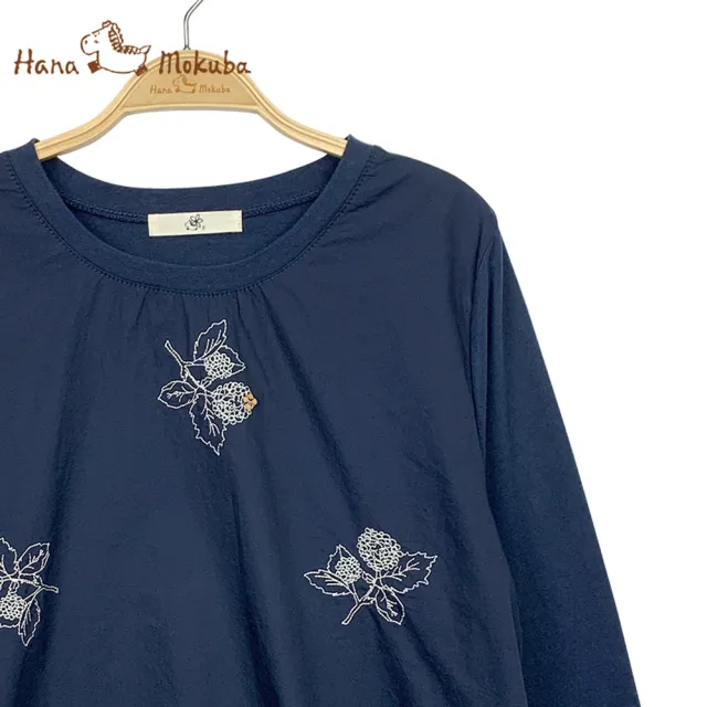 【Hana Mokuba】花木馬日系女裝長袖圓領針梭織拼接細緻刺繡T恤(T恤)