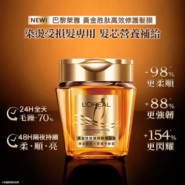 【LOREAL Paris 巴黎萊雅】全新升級 黃金奢護2+1組(黃金胜高效修護髮膜250mlx2+金緻護髮油100ml)