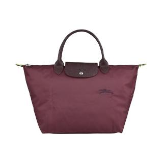 【LONGCHAMP】LONGCHAMP Le Pliage Green系列刺繡LOGO再生尼龍拉鍊手提包(酒紅)