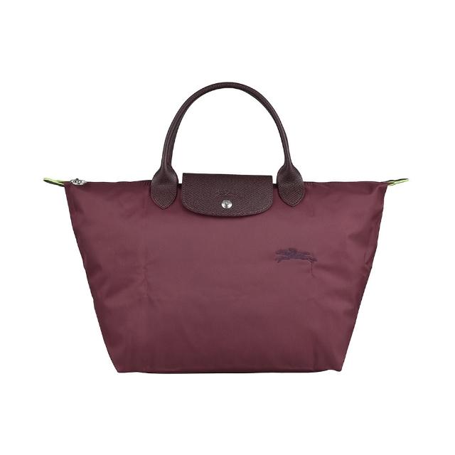 【LONGCHAMP】LONGCHAMP Le Pliage Green系列刺繡LOGO再生尼龍拉鍊手提包(酒紅)