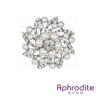 【Aphrodite 愛芙晶鑽】閃耀美鑽圓潤珍珠造型胸針(美鑽胸針 珍珠胸針)