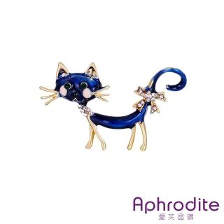 【Aphrodite 愛芙晶鑽】可愛卡通塗鴉藍色貓咪造型胸針(塗鴉胸針 藍色胸針 貓咪胸針)