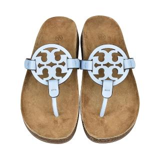 【TORY BURCH】TORY BURCH MILLER CLOUD簍空設計LOGO牛皮拖鞋(淺藍x棕)