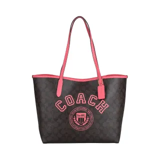 【COACH】COACH Varsity印花LOGO緹花PVC磁釦式肩背托特包(深棕x西瓜紅)