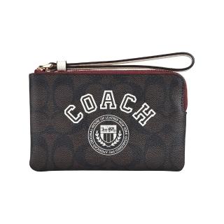 【COACH】COACH Varsity白字LOGO緹花PVC拉鍊手拿包(深棕x粉筆白)