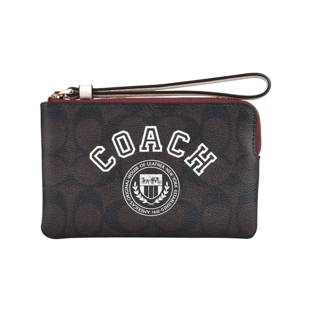 COACH COACH Varsity白字LOGO緹花PVC拉鍊手拿包(深棕x粉筆白)