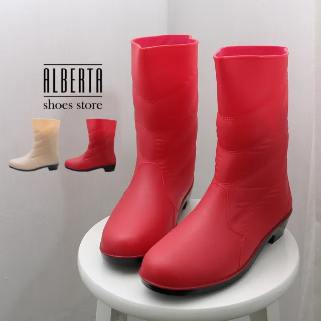 【Alberta】跟3.5cm筒高21cm筒圍33cm素色仿布料花紋設計防水雨靴 中筒靴