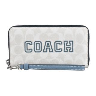 【COACH】COACH Varsity印大字母LOGO緹花PVC拉鍊手拿長夾(粉筆白x靛藍)