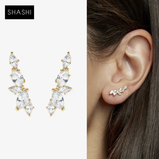 【SHASHI】紐約品牌 J adore Climber 橄欖形白鑽耳環 金色貼合耳廓耳環(耳廓耳環)