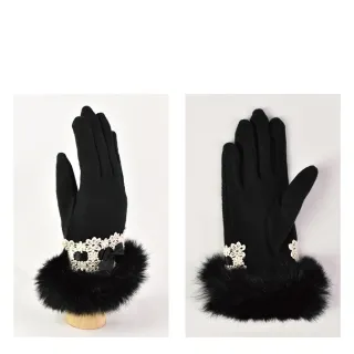 【日本La Ruice】可觸控典雅浪漫兔毛蕾絲毛絨手套 蝴蝶結緞帶絕美設計(禦寒防風 皮草 可滑手機)