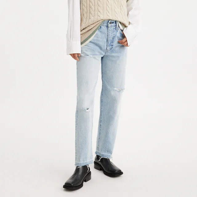 【LEVIS】LMC MOJ頂級日本布 女款 復古高腰廓型牛仔長褲/精工磨損刷破工藝 熱賣單品 75645-0032