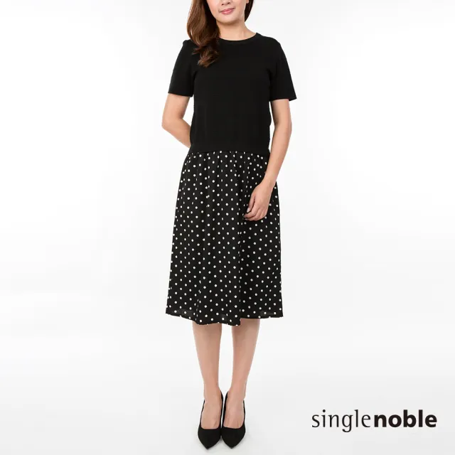 【SingleNoble 獨身貴族】復古甜美異素材拼接圓點短袖洋裝(1色)