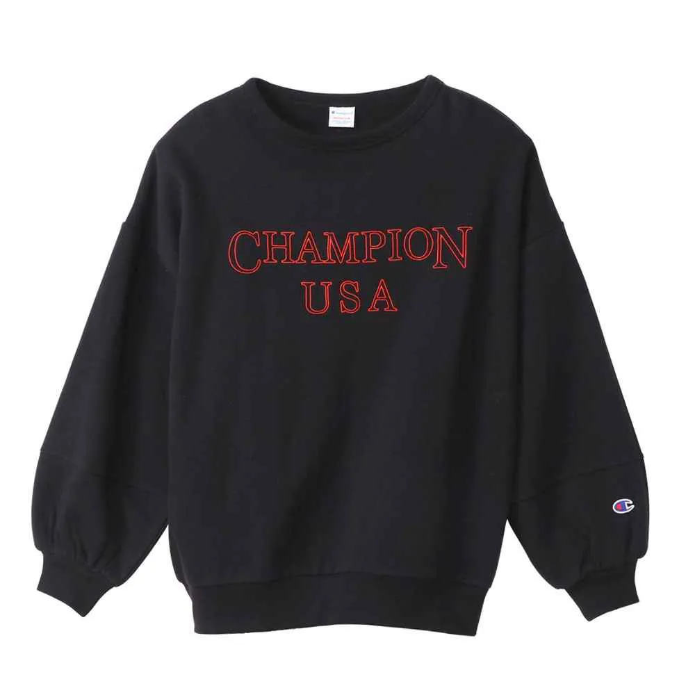 【Champion】官方直營 Womens Logo 寬袖大學長袖Tee-女(黑色)