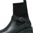 【DIANA】4.5 cm牛皮x重磅彈性布雙材質拼接圓環金屬皮帶釦飾短筒靴(皮革黑)