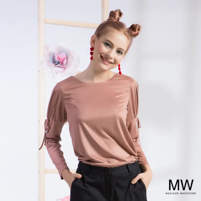 【MAGIQUE WARDROBE】圓領造型綁帶長袖上衣(中粉)
