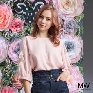 【MAGIQUE WARDROBE】雪紡荷葉滾邊五分袖上衣(粉膚)