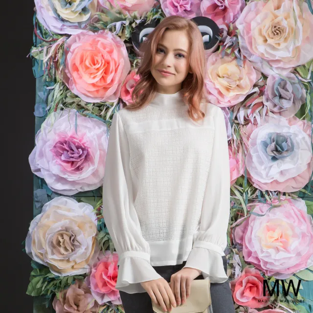 【MAGIQUE WARDROBE】雪紡拚接蕾絲拋袖荷葉上衣(白色)
