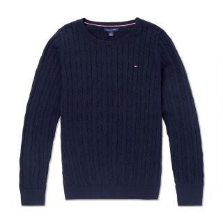 【Tommy Hilfiger】TOMMY 經典圓領刺繡Logo麻花針織毛衣 上衣-女-深藍色(平輸品)